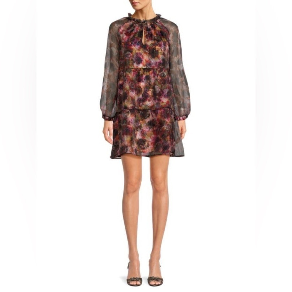 Marie Oliver Milan Floral Mini Tiered Dress Size Small Sheer Party